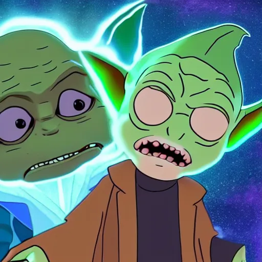 Image similar to Baby Yoda and Rick Sanchez meet in Rick and morty together digital art 4k detailed super realistic