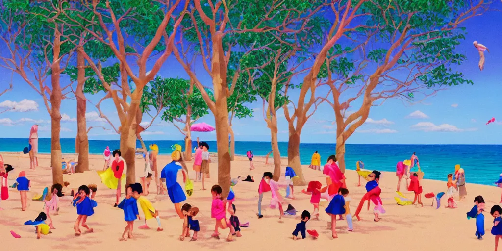 Prompt: sea, sand beach, a lot of wolves, all wolves in the world, children playground, in the forest, little girls skating, family and emma, colorful, full hd, highdetailed, hyperrealistic painting by Hiroshi Nagai