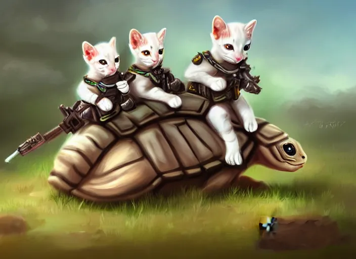 Prompt: white soldier kittens riding turtles going into battle, cute, digital oil painting, trending on artstation