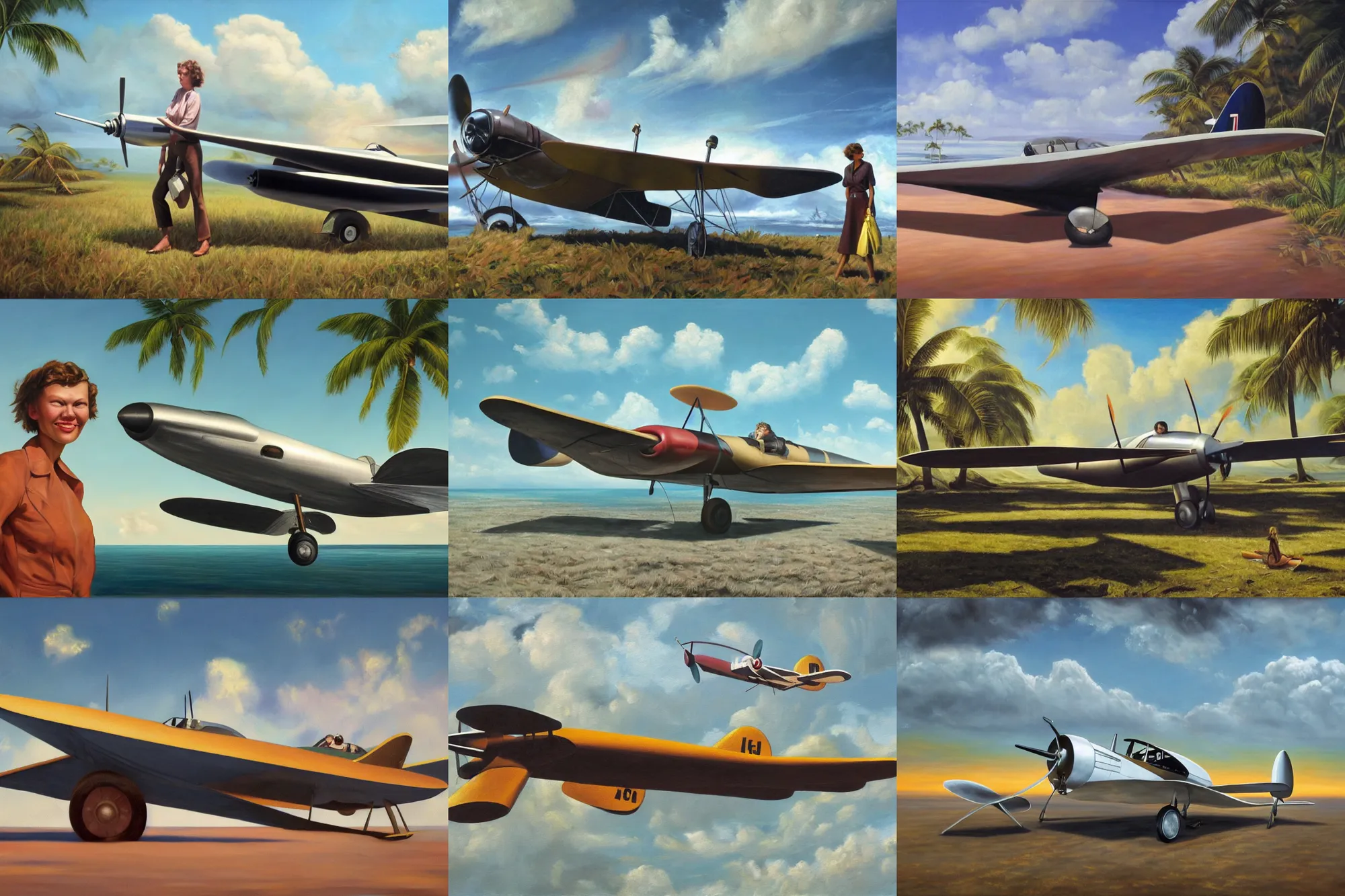 Prompt: An ultra high-resolution 8K full-canvas scan of a contemporary oil painting of Amelia Earhart and her Lockheed 5B Vega on a deserted South Pacific Island in 1937, fine art, trending on Artstation, 8k, photorealistic, hyper detailed, unreal engine 5, IMAX quality, cinematic, epic lighting, digital painting in the style of greg rutkowski