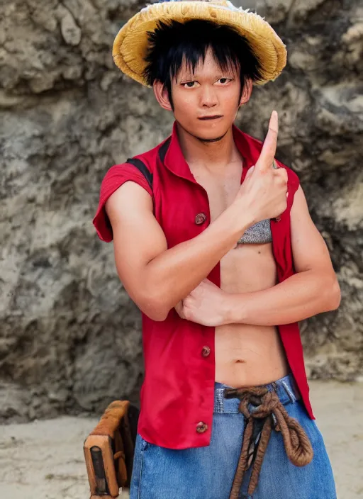 Image similar to A full portrait photo of real-life luffy one piece, f/22, 35mm, 2700K, lighting, perfect faces.