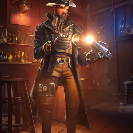 Prompt: a futuristic cowboy holding a glowing revolver in a steampunk themed bar, unreal engine fantasy art, trending on artstation, digital art, beautiful composition