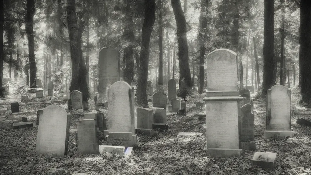 Image similar to a few tombstones in a forested cemetery with a double - exposure!!!!! close up of a person!!!!!! in victorian dress from a tim burton and wes anderson movie, style of pinhole photography,