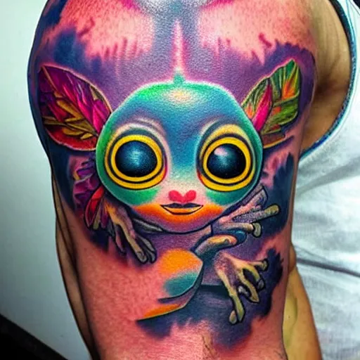 Prompt: shoulder tattoo of a multicolored spaced out cute bush baby, eyes are colorful spirals, surrounded with colorful magic mushrooms and marihuana leaves, insanely integrate