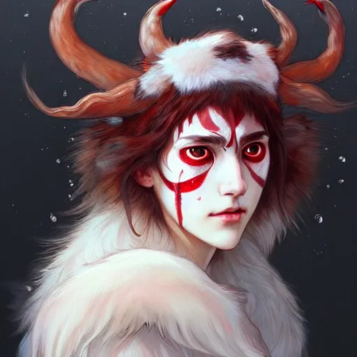 Image similar to Portrait of Princess Mononoke with red facepaint under her eyes, white fur, face, fantasy, intricate, elegant, highly detailed, digital painting, artstation, concept art, smooth, sharp focus, illustration, art by Fernanda Suarez and Artem Demura and alphonse mucha