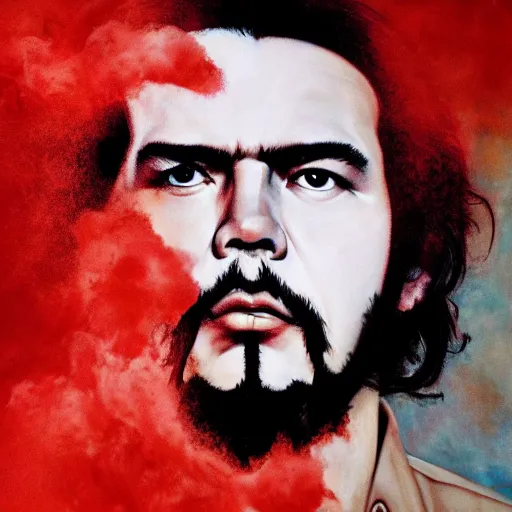 Image similar to colour masterpiece surreal closeup portrait photography of che guevara by miho hirano and annie leibovitz and michael cheval, red and white smoke background, 8 k