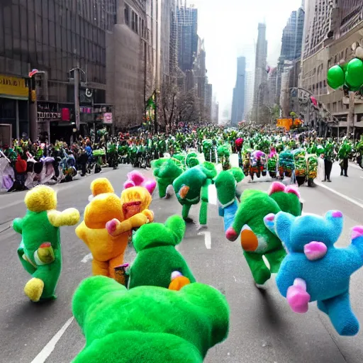 Image similar to a parade of stuffed care bears marching down 5 th ave manhattan on st. patrick's day, 8 k, photo realistic, extremely life like