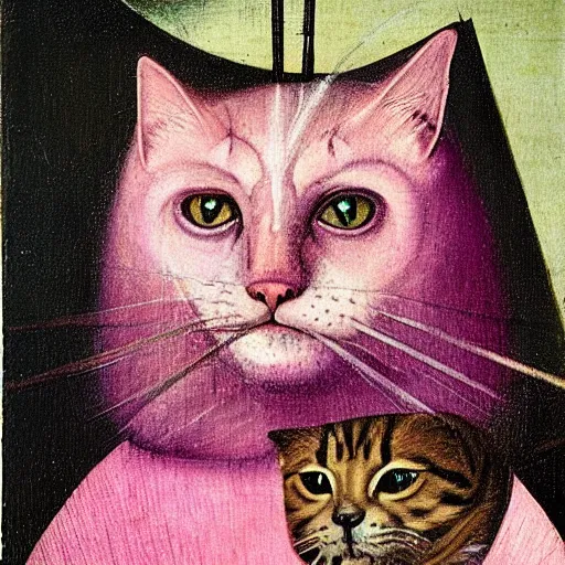 Image similar to portrait of the cat of cheshire bosch with pink and purple stripes and a malicious smile by hieronymus bosch. oil on wood