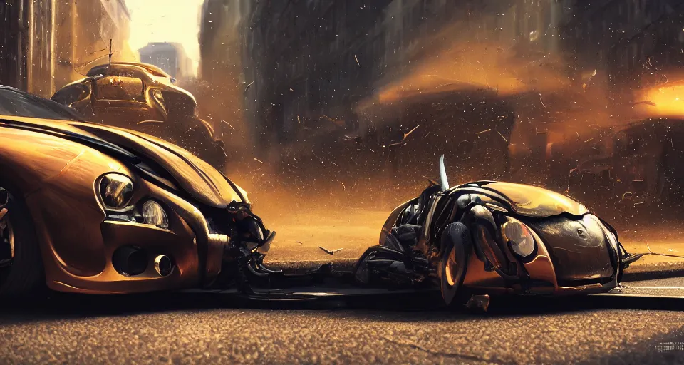 Image similar to giant beetle crush a car on the street, close up, hyperdetailed, artstation, cgsociety, golden hour 8k