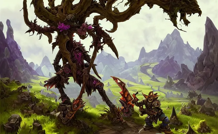 Image similar to goblin squatting, amazing landscape with tree in background, fantasy, whimsical, dungeons and dragons, league of legends splash art, heroes of the storm splash art, hearthstone splash art, world of warcraft splash art, overwatch splash art, art by artgerm, art by alphonse mucha, intricately detailed, highly detailed, trending on artstation,