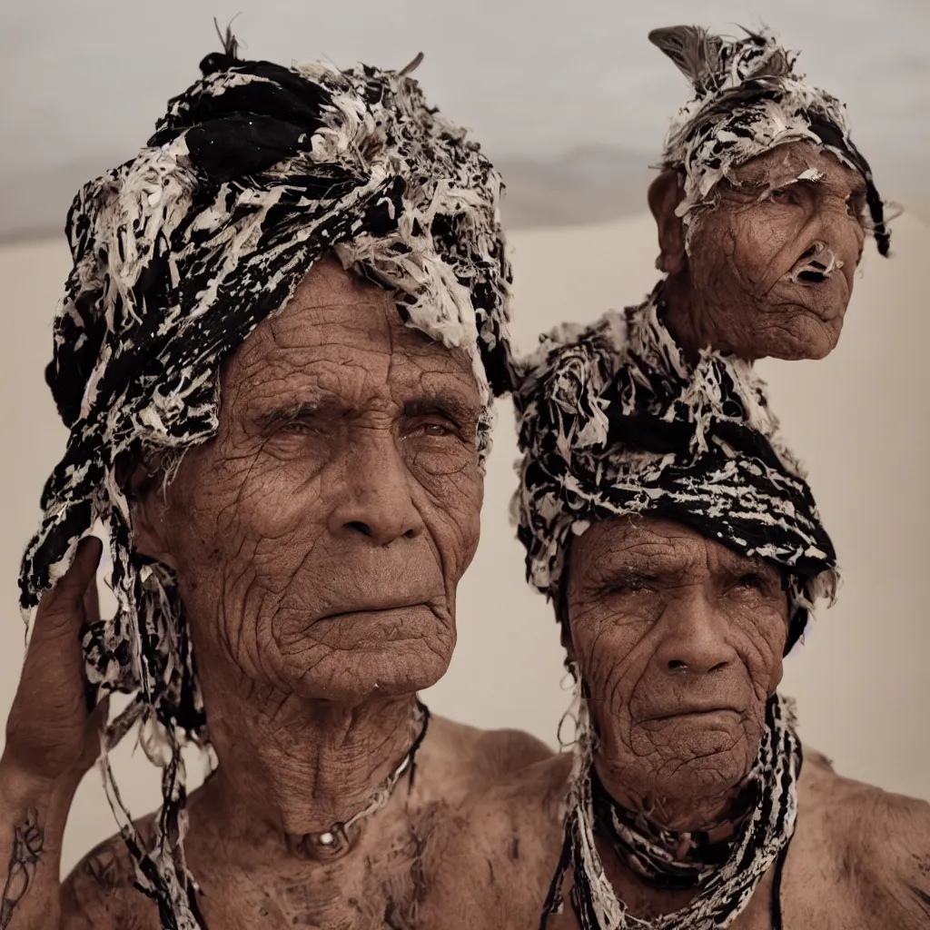 Image similar to a film still of an old indigenous tattooed man wearing black scarf a color rays helmet mask in porcelain sand dunes feature in vogue and gq editorial fashion photography beautiful eyes, close up shot, haute couture stares at the camera, cannon ef 1 0 5 mm f / 2. 8 in the grand budapest hotel, stars, bruce gilden