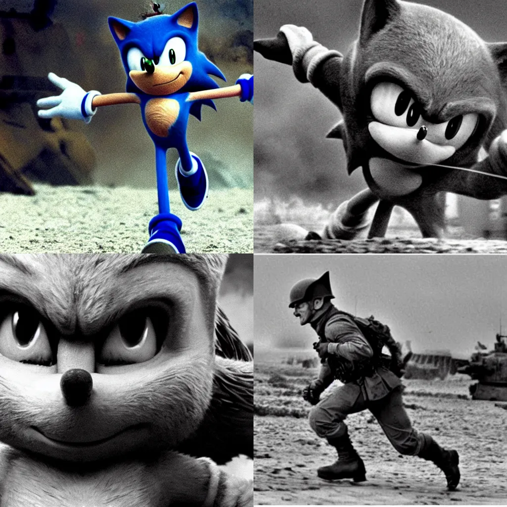 Prompt: Sonic The Hedgehog in Saving Private Ryan film still from Saving Private Ryan storming Normandy beach as a ww2 soldier