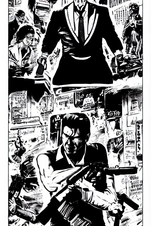 Image similar to ronald reagan holding a gun, a page from cyberpunk 2 0 2 0, style of paolo parente, style of mike jackson, adam smasher, johnny silverhand, 1 9 9 0 s comic book style, white background, ink drawing, black and white, colouring pages