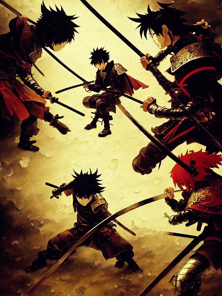 Image similar to baroque oil painting of key visual samurai duel, samurai armor, rain, brutalist fantasy, rule of thirds golden ratio, fake detail, trending pixiv fanbox, acrylic palette knife, style of makoto shinkai takashi takeuchi yoshiyuki sadamoto