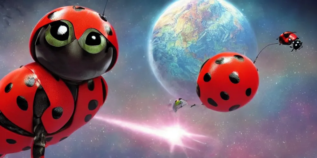 Prompt: a 3 d rendered movie still a ladybug descendant 1 million into the future. the ladybug is sentient, wears a spacesuit, and explores cosmos in a super awesome space ship. science fiction blockbuster movie ladybugs rule the world or my stepmom is a ladybug from the future, imax 7 0 mm. gaurdians of the galaxy.