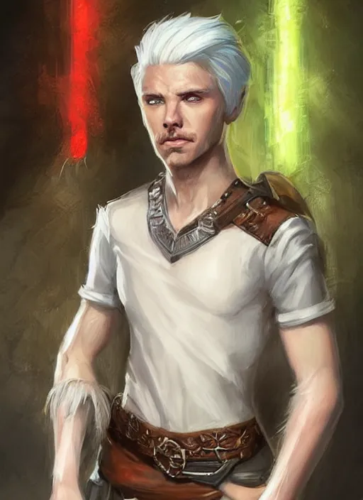 Image similar to young man with short white fringe white hair and moustache, tristan fulcher, livedoce, dndbeyond, bright, colourful, realistic, dnd character portrait, full body, pathfinder, pinterest, art by ralph horsley, dnd, rpg, lotr game design fanart by concept art, behance hd, artstation, deviantart, hdr render in unreal engine 5