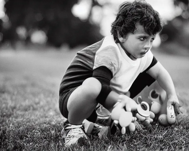 Image similar to 8 5 mm film photography of sylvester stallone!! playing with toys!! near a garden with dof and bokeh