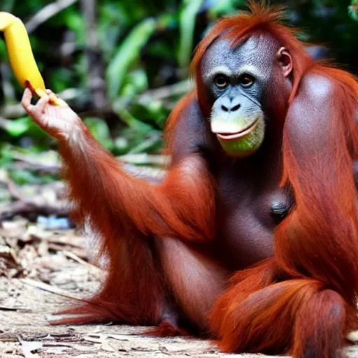 Prompt: an orangutang putin eating a banana