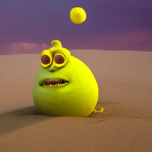 Image similar to 3 d render, of anthropomorphic lemon character that looks like a monster from the movie وmonsters inc, with lemon skin texture, he is wearing a hat, building a sandcastle on the beach at sunset, beach, huge waves, sun, clouds, long violet and green trees, rim light, cinematic photography, professional, sand, sandcastle, volumetric lightening