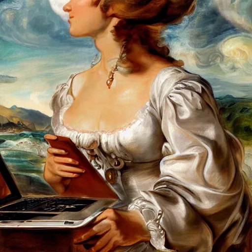 Image similar to heavenly summer sharp land sphere scallop well dressed lady looking at her laptop while drinking a starbucks coffee auslese, by peter paul rubens and eugene delacroix and karol bak, hyperrealism, digital illustration, fauvist