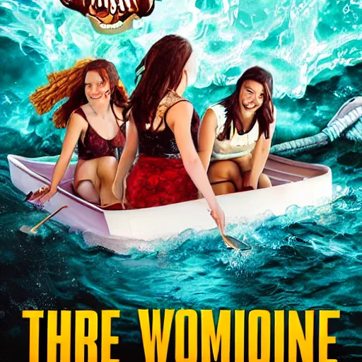 Image similar to three young women having fun on a boat, while a zombie beaver with glowing eyes is swimming beneath them. movie poster. photo. very detailed.