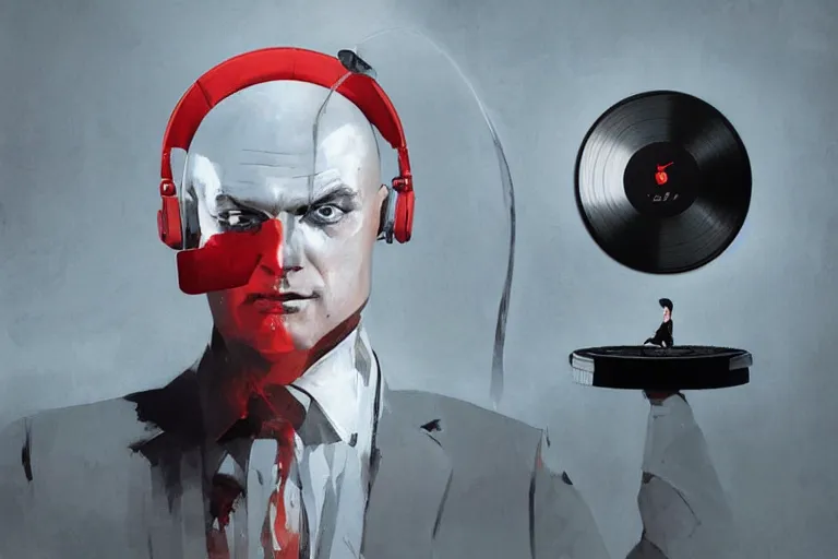 Image similar to a portrait of agent 4 7 from hitman wearing headphones and putting a vinyl record onto a turntable, dark background, red rim light, digital art, artstation, concept art by giger stalenhag