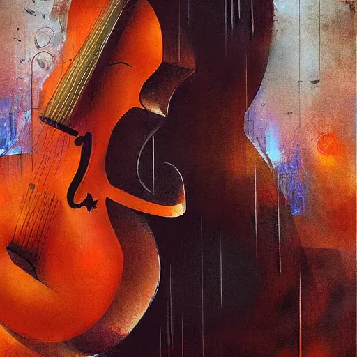 Image similar to abstract composition with guitar in cello shape by greg rutkowski