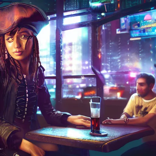 Image similar to a high quality portrait of a pirate in a cyberpunk cafe realism 8k