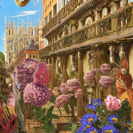 Image similar to hyperrealistic detailed painting of medieval city, with flowers, beetles, bacteria, fish skeletons, fungi, scales, golden filigree, art by ernst haeckel, john william godward, hammershøi, alphons mucha, pontormo, ornamental, decorative, art nouveau pattern, deep pastel colors,