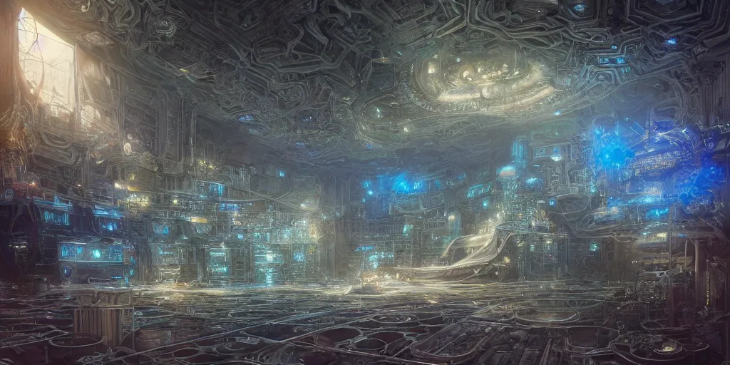 Prompt: by John Howe and Moebius and Bastien Lecouffe Deharme and Andreas Rocha A beautiful hyper realistic detailed matte painting of room of a a very shiny detailed submarine control panel made of iridescent motherboards, in the middle of an empty room, trending on artstation ,trending on behance, trending on discord, trending on disco diffusion, unreal engine