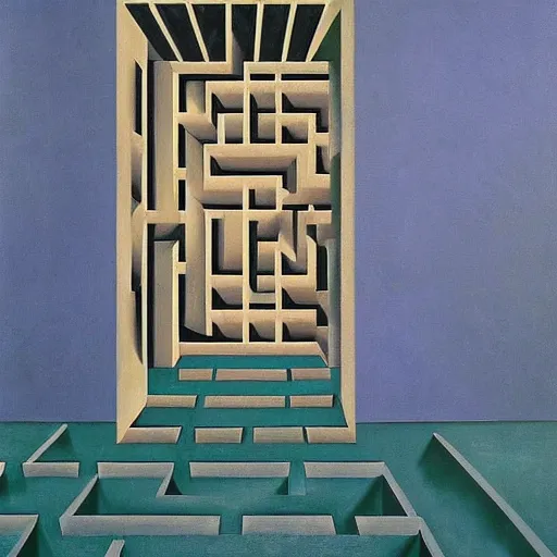 Prompt: the maze from the shining, surrealist painting by Rene Magritte