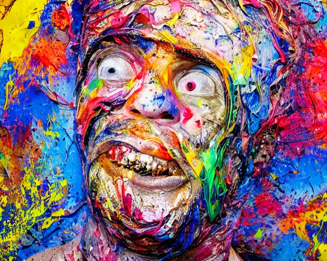 Image similar to abstract expressionist portrait of a head showing strong negative emotions painted with very thick impasto paint and acrylic pour and coloured powder explosion and splashing paint and dripping paint and flying paint chunks, motion blur, hyperrealistic, intricate art photography, anatomically correct, realistic crisp textures, 1 6 k