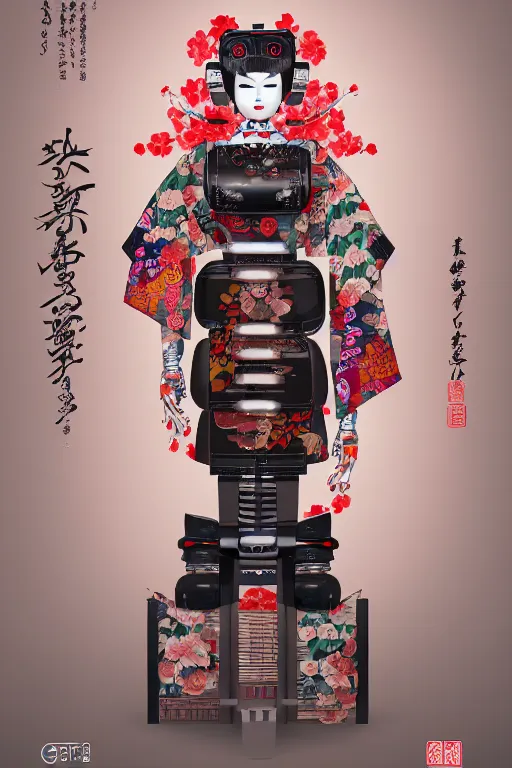 Image similar to full body portrait of a Japanese robot geisha with kanji tattoos and decals wearing a digital pixelated kimono, intricate design, photorealistic, octane render, raytraced, ultra fine detailed, character design, trending on artstation