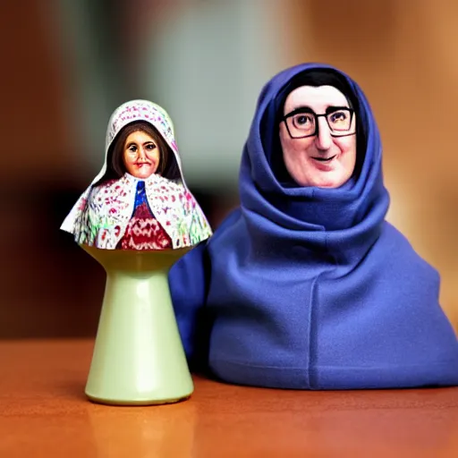 Prompt: portrait of a babushka with collectible miniature handmade john oliver doll