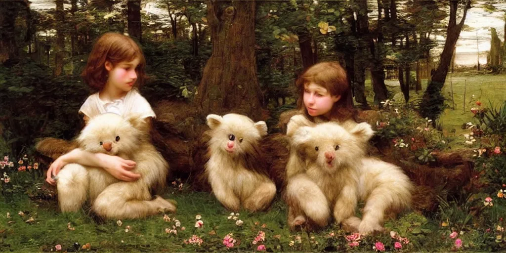 Image similar to 3 d precious moments plush animal, realistic fur, master painter and art style of john william waterhouse and caspar david friedrich and philipp otto runge