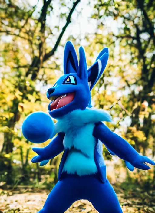 Image similar to portrait photo still of real life pokemon character lucario, 8 k, 8 5 mm f 1. 8