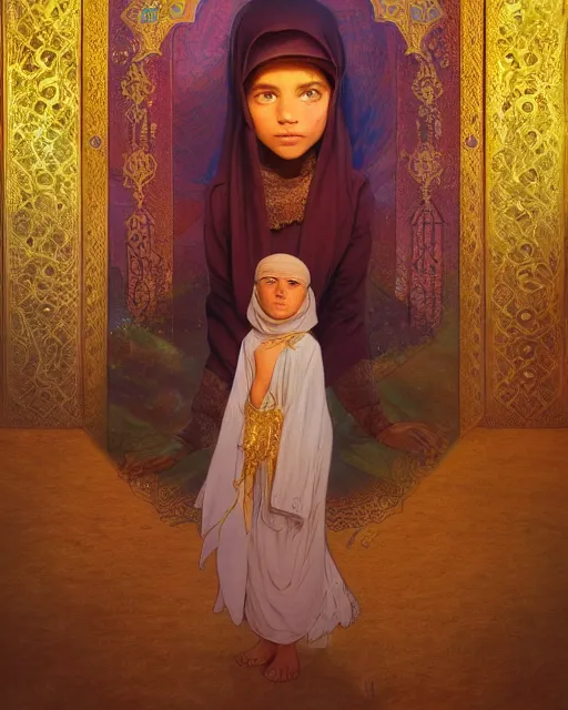 Image similar to a bedouin child infront of an big open quran highly detailed, gold filigree, romantic storybook fantasy, soft cinematic lighting, award, disney concept art watercolor illustration by mandy jurgens and alphonse mucha and alena aenami, pastel color palette, featured on artstation