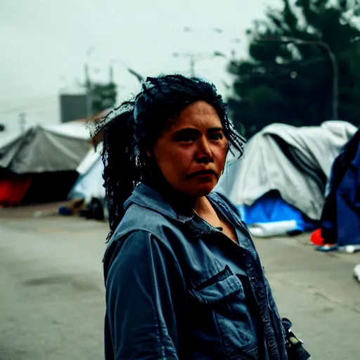 Prompt: Cinestill 50d candid extreme wide shot of a poor techwear mixed woman with tattoos outside of a futuristic Los Angeles on fire, homeless tents on the side of the road, military police, cyberpunk, 4k, extreme long shot, desaturated, full shot, action shot, blurry, high resolution, 4k, 8k, hd, full color