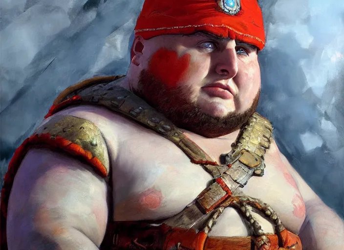 Image similar to a highly detailed beautiful portrait of eric cartman as kratos, by gregory manchess, james gurney, james jean