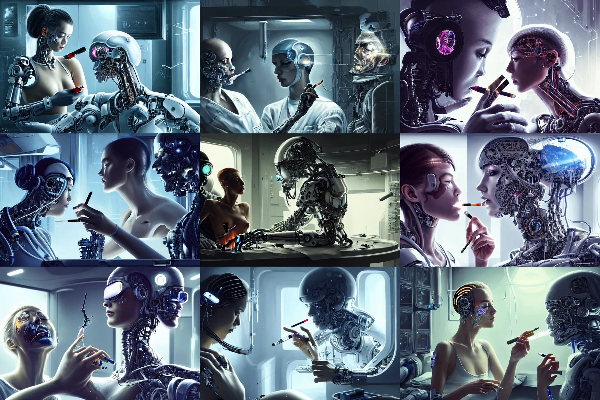 Prompt: Ultra realistic illustration, beautiful alluring damaged cyborg being put back together while smoking a cigarette, in an super advanced military medical bay, in a crashed spaceship, while a beautiful alluring astronaut soldier looks on, cyberpunk, sci-fi, fantasy, intricate, elegant, highly detailed, digital painting, artstation, concept art, smooth, sharp focus, illustration, art by artgerm and Waerloga Zhuo and Yintion J - Jiang Geping and Greg Rutkowski and KyuYong Eom and alphonse mucha