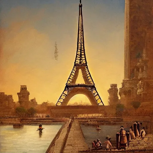 Prompt: a classic painting of the Eiffel Tower being build by Egyptians in Ancient Egypt, lots of people working, epic lighting, golden hour, hero
