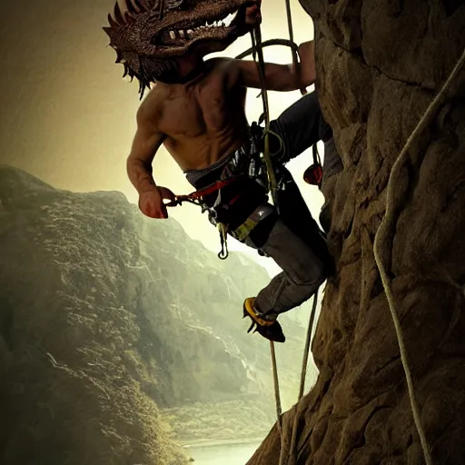 Image similar to rogue rock climber climbing a giant ancient dragons skull, very detailed, fantasy art, dungeons and dragons, belaying, ropes, landscape, cover of national geographic