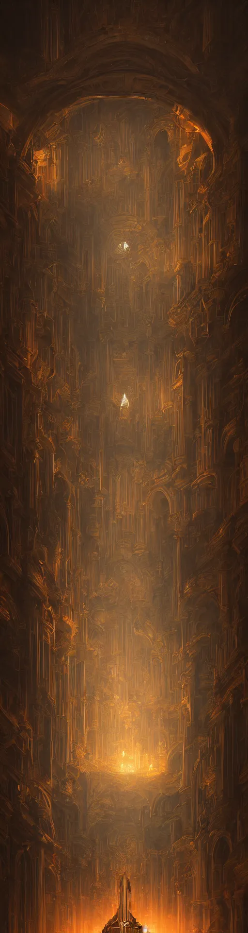 Image similar to pipe organ in an arch, obsidian walls with gold trim, by peter mohrbacher dan mumford craig mullins nekro, cgsociety, pixiv, volumetric light, 3 d render, smoke, dark fog, sunset colors