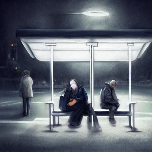 Prompt: a some people waiting in a lone bus stop in quiet dark city night, high quality, high resolution,detailed, by artgerm