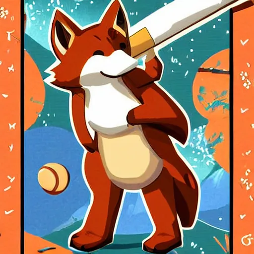 Prompt: a card with a picture of a fox holding a baseball bat, a comic book panel by ken sugimori, featured on pixiv, official art, poster art, 2 d game art, deviantart contest winner
