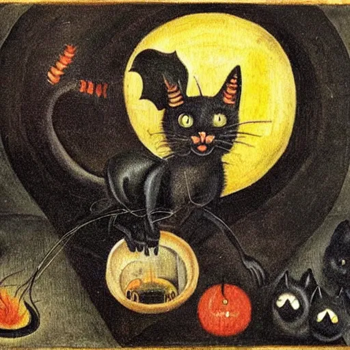 Prompt: a black cat possessed by satan, painting in the style of hieronymus bosch