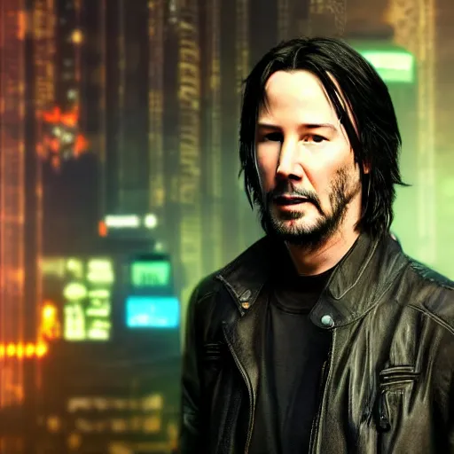 Prompt: high quality photo of Keanu Reeves in a cyberpunk cyberpunk cyberpunk city, realism, 8k, award winning photo