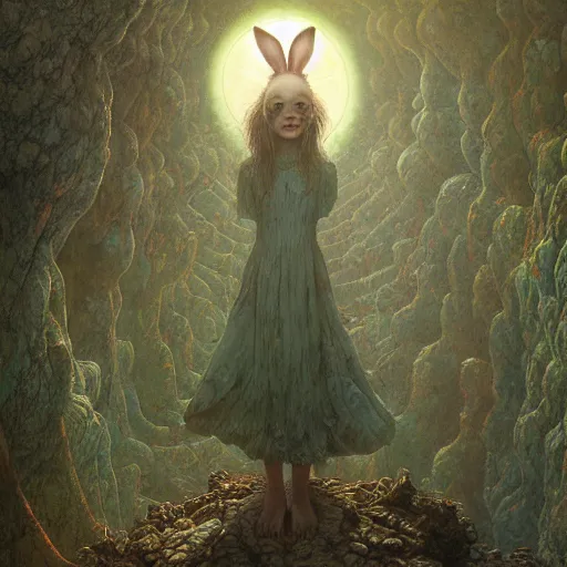 Image similar to girl falling down a rabbit hole into wonderland by by Alexander by Alexander Jansson, Dariusz Zawadzki, Zdzisław Beksiński, Gustave Doré and Greg Rutkowski, Dariusz Zawadzki, Zdzisław Beksiński, Gustave Doré and Greg Rutkowski