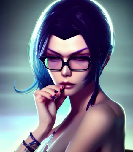 Prompt: beautiful medium shot portrait of a gorgeous model with hour glass figure who looks like Bayonetta, character design by charlie bowater, ross tran, artgerm, and makoto shinkai, detailed, soft lighting, rendered in octane