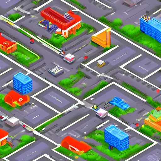 Image similar to front on isometric bismuth city streets, front on isometric video game